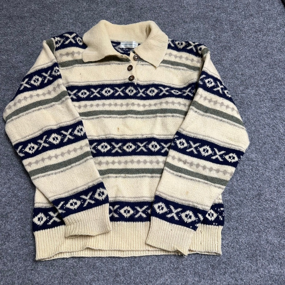 Jennifer Moore Sweater Womens Size M Cream Fair Isle Collared Knit Pullover Flaw